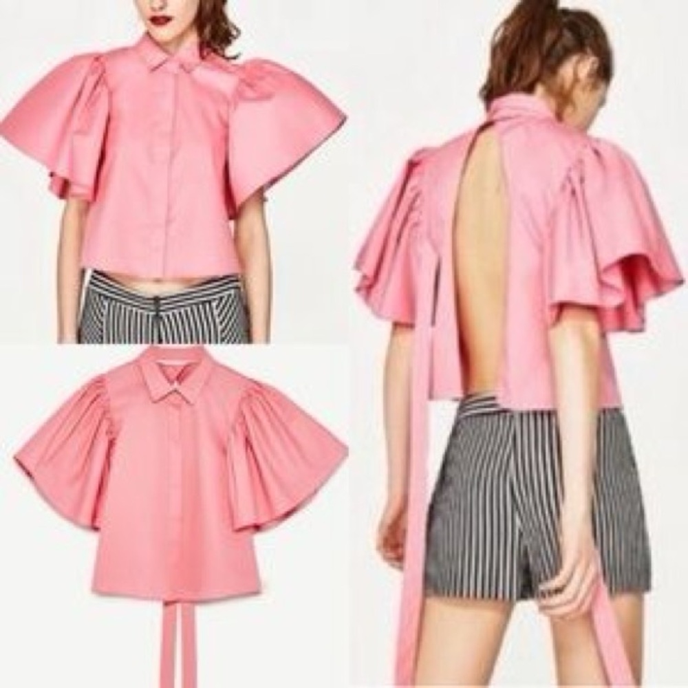 Zara Pink Flutter Sleeve with Ruffles Open Back  Blouse